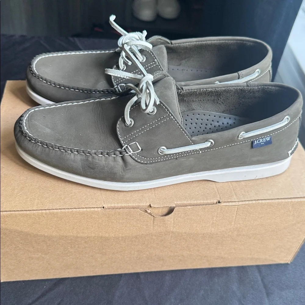 J. Crew Men's Nubuck Gray Boat Shoes with White Laces
